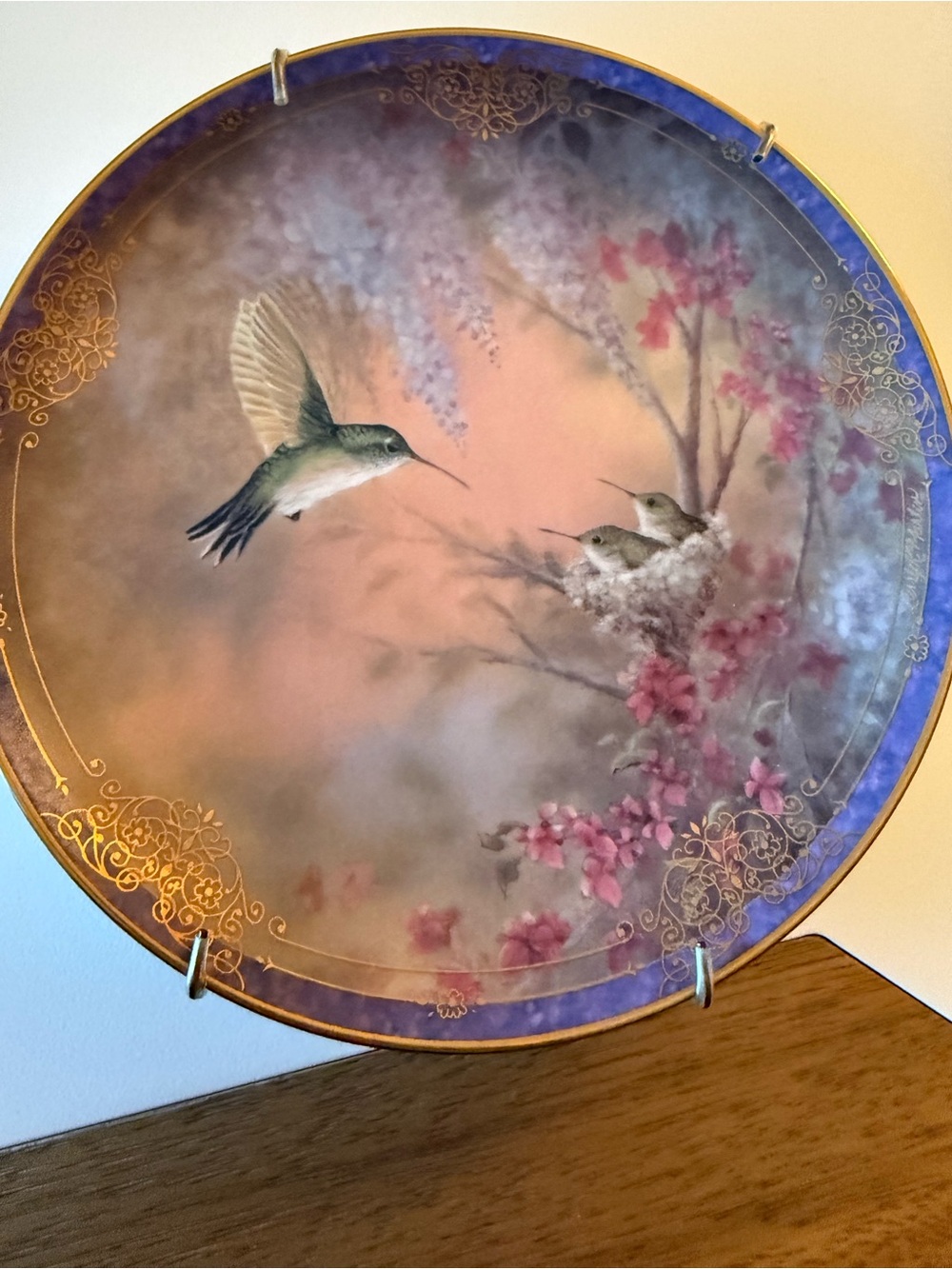 Vintage Decorative Hummingbird Collector Plate with Purple & Pink Floral Border